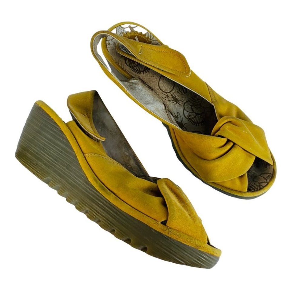 Fly London Yakin Mustard Yellow Wedge Platform Sandals Women's 39 / US 8 8.5